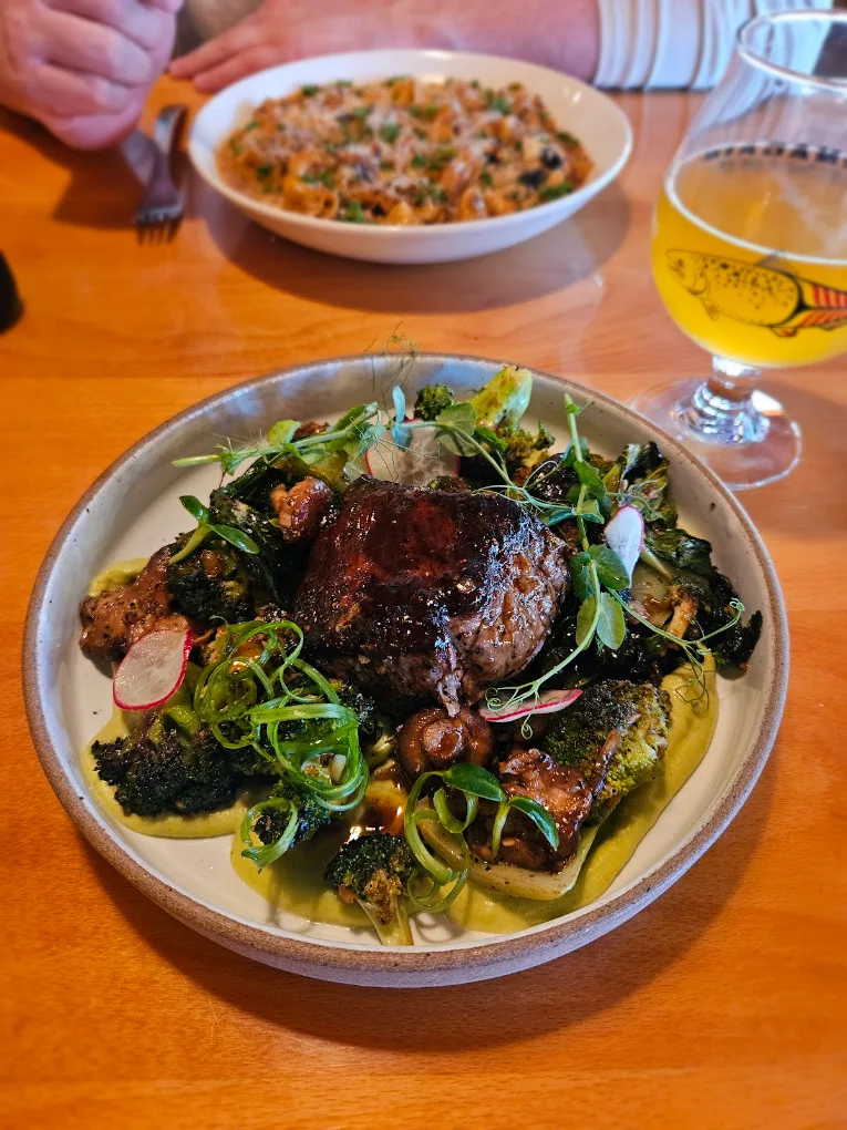 Grilled sirloin · charred brassicas, favas